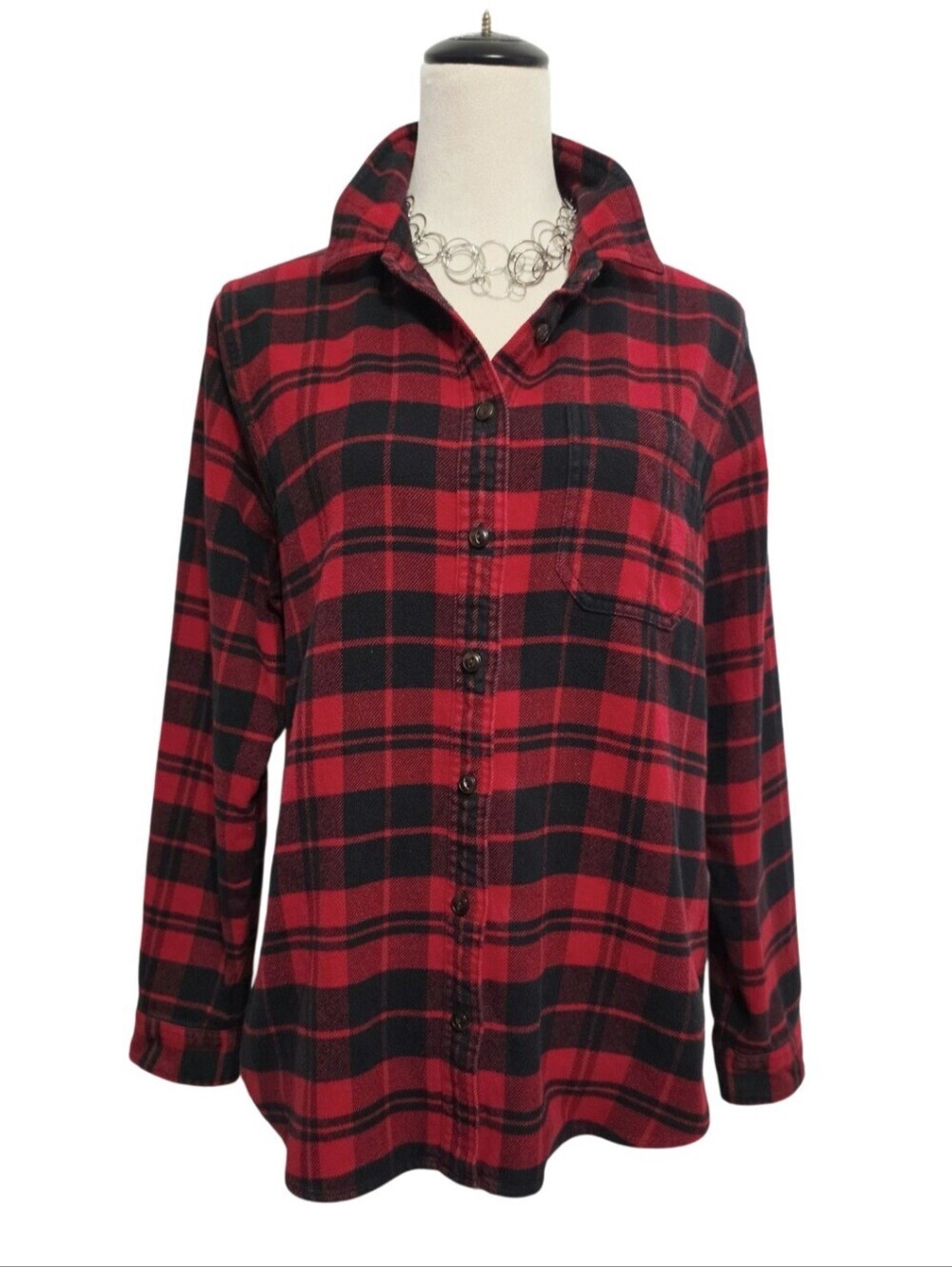 L.L.Bean Women’s M 100% Organic Cotton Flannel Shirt Red Black Plaid Button Up - Picture 3 of 15